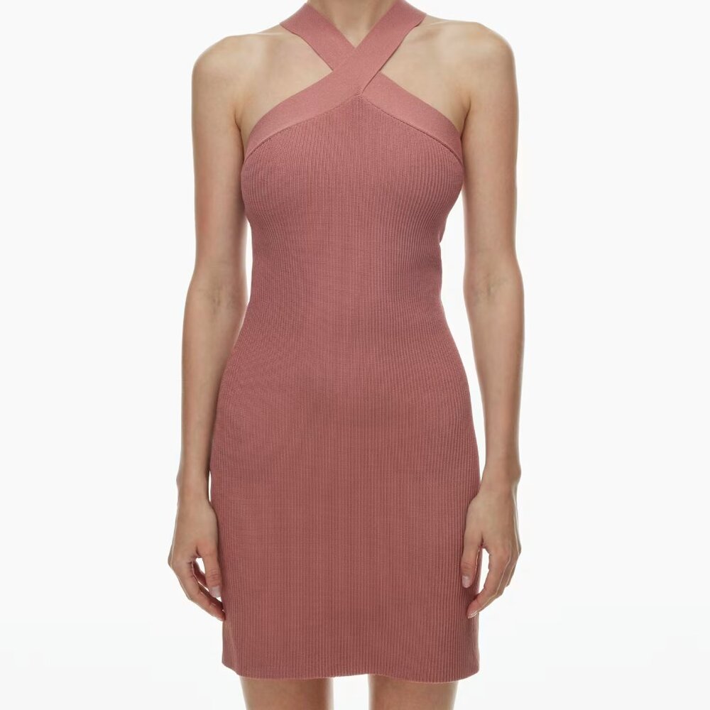 NWT Aritizia Babaton Sculpt Knit Ribbed Halter Mini Dress Red Willow XXS